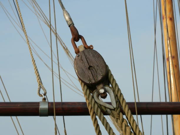 istock Wooden pulley in a sailing ship's rigging 2198915657