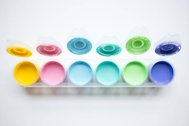 Gouache, watercolor on a white background. View from above. Paints for painting. High quality photo