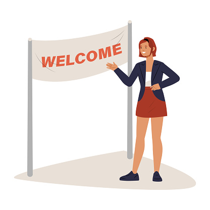 Greeter Background Female Greeter Standing Next To Welcome Banner Flat Vector Illustration ...