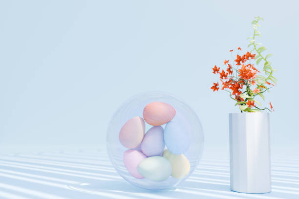 istock Easter eggs in a glass sphere next to a vase with flowers on a light blue background. 3d rendering 2198929806