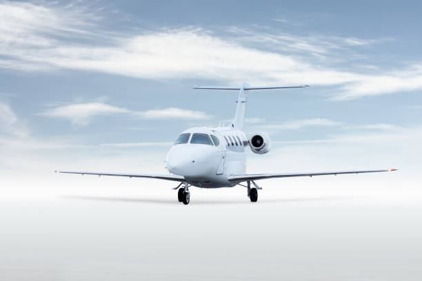 istock Modern white corporate airplane isolated on bright background with sky 2198933370