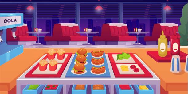 Diner cafe interior with fast food bar. Vector flat illustration of red sofa with table, French fries, hamburger, hot dog and soda cooler. Vintage American restaurant furniture and equipment