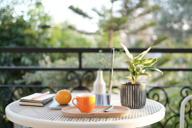 istock Coffee cup and orange, with plant pot, balcony 2198934323