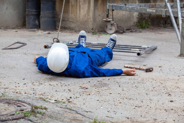 istock Construction worker lying unconscious on the ground after a workplace accident with safety helmet on 2198937812