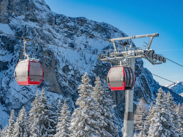 The Civetta ski resort in the Dolomites stretches between snow-covered peaks and picturesque mountain villages. Ski resort in Dolomites on a beautiful sunny day, Italy.