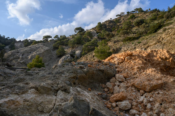 istock Rocky terrain under a bright blue sky with scattered clouds and lush greenery in a serene landscape 2198950847