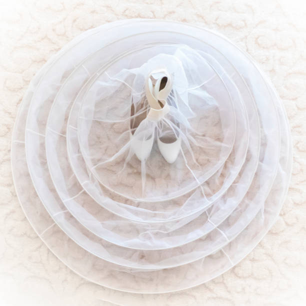 wedding shoes and wedding dress. Beautiful colorful wedding shoes for bride indoors. Beauty of bridal heel for marriage. Female couple boots for celebration. High quality photo