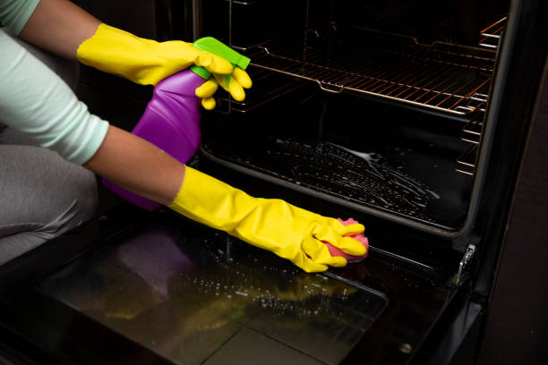 istock Thoroughly Cleaning an Oven Using a Spray Cleaner along with Protective Gloves to Ensure Safety 2198965440