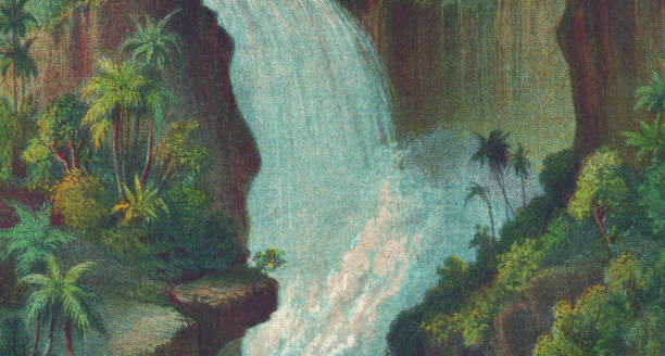Murchison Falls at Murchison Falls National Park in Uganda, Africa. Vintage etching circa 19th century.