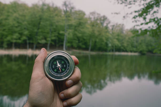 istock compass on the background of a forest lake 2198969202