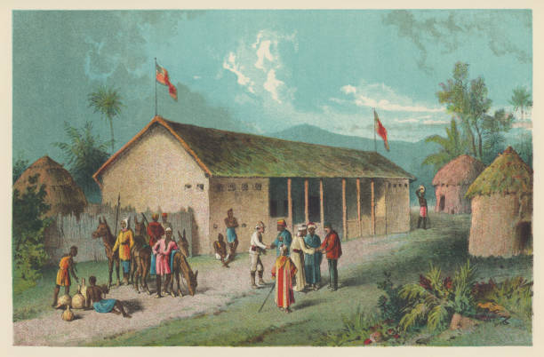 Arab traders meeting with Dr. David Livingstone and Henry Morton Stanley at Unyanyembe, Tanzania, Africa. Vintage etching circa 19th century.