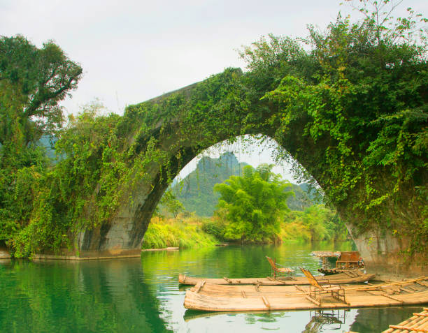 China Guilin Yangshuo village, stone bridge over Yulong bridge.