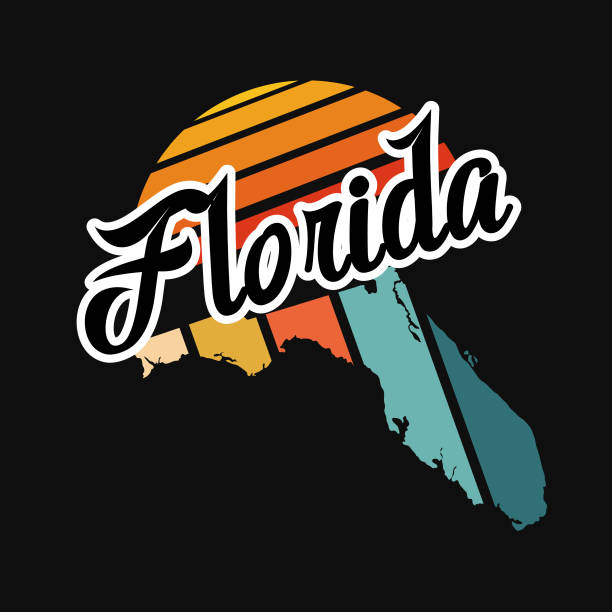 Retro striped State map on a black base with a sun. Flat colors, easy to edit. Map can be released from the clipping mask. Comes with a high resolution jpeg. Florida.