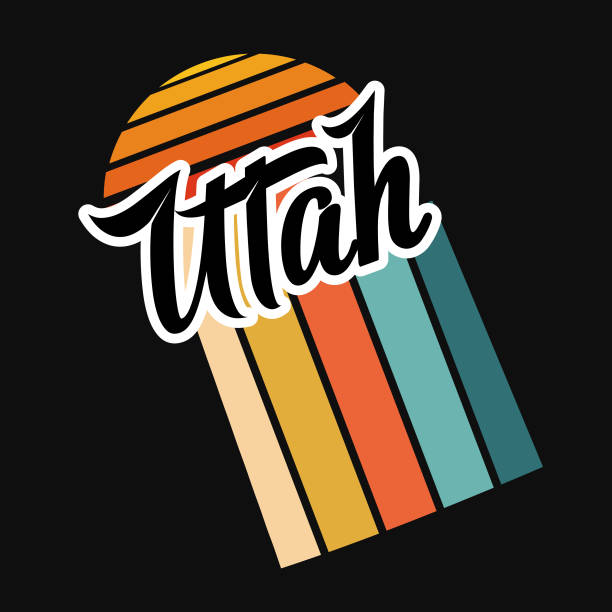 Retro striped State map on a black base with a sun. Flat colors, easy to edit. Map can be released from the clipping mask. Comes with a high resolution jpeg. Utah.