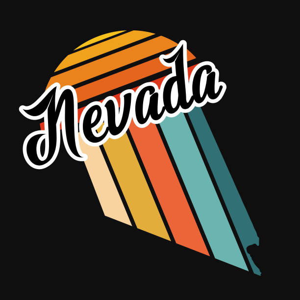 Retro striped State map on a black base with a sun. Flat colors, easy to edit. Map can be released from the clipping mask. Comes with a high resolution jpeg. Nevada.