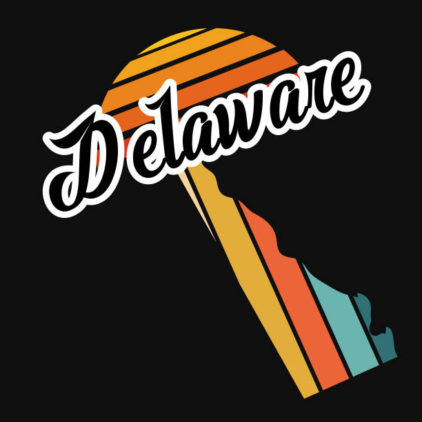 Retro striped State map on a black base with a sun. Flat colors, easy to edit. Map can be released from the clipping mask. Comes with a high resolution jpeg. Delaware.