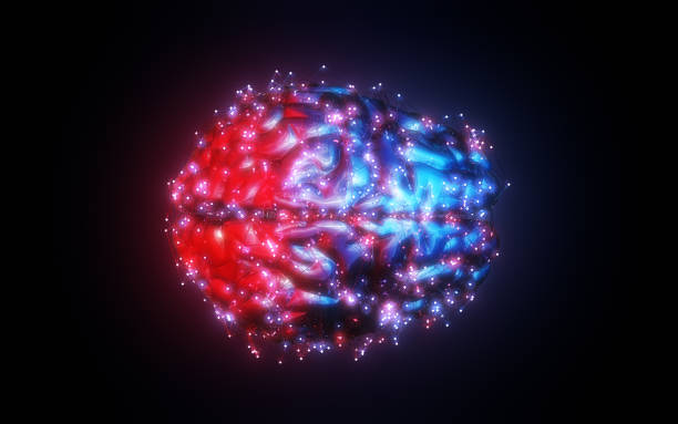 istock Blue Red Illuminated Metallic Wireframe Glowing Human Brain on Black Background 2198981820