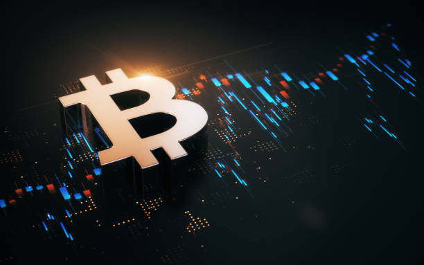 istock Bitcoin on Red and Blue Financial Chart, Depth Of Field 2198981833
