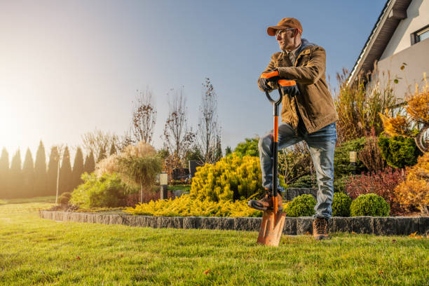 Man Digging in the Garden During Sunset With Shovel and Relaxed Posture