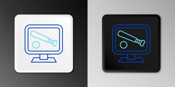 Line Monitor with baseball ball and bat on the screen icon isolated on grey background. Online baseball game. Colorful outline concept. Vector Line Monitor with baseball ball and bat on the screen icon isolated on grey background. Online baseball game. Colorful outline concept. Vector. baseball-scorecard stock illustrations