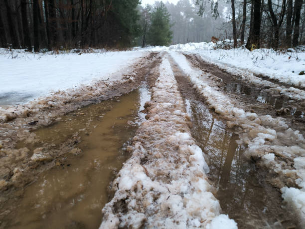 Puddles in ruts on the road. Melted snow during the thaw. Warming weather. High quality photo