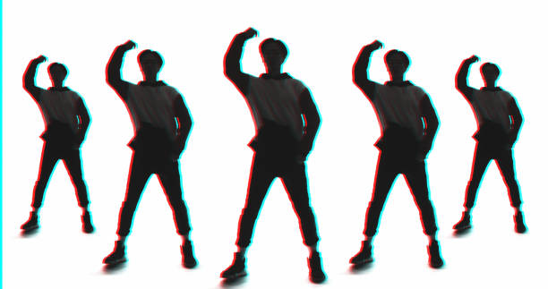 Freestyle choreography. Breakdance group. Dark mirrored color double exposure silhouette of man performing hip hop isolated on white.