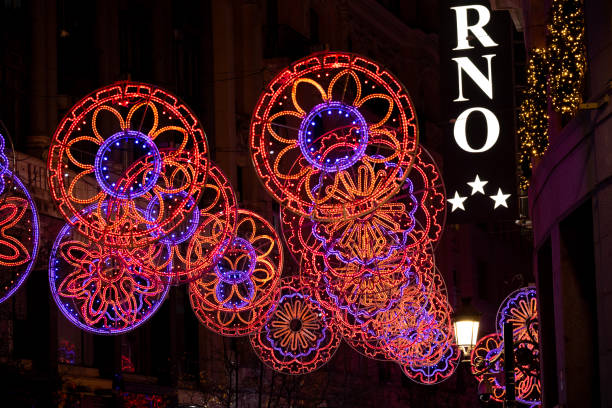 Madrid, Spain - January 2, 2024. Christmas decoration in downtown Madrid at night, Spain