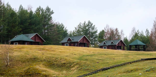 istock Wooden cabins nestled among trees on a grassy hillside in a tranquil rural setting during overcast weather 2199005727