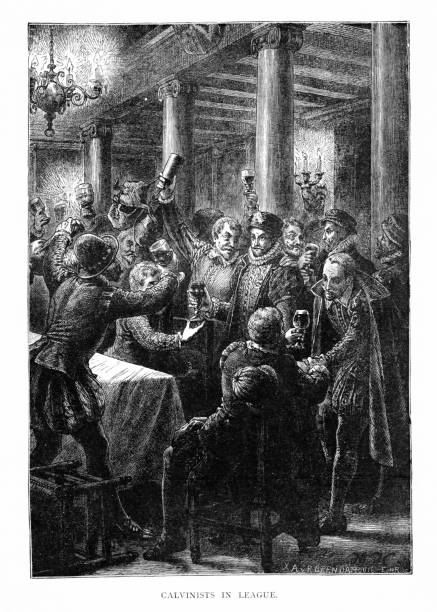 Protestant Christians, persecuted for their faith in 16th Century Europe, me with John Calvin (July 10, 1509 –May 27, 1564), a French theologian, pastor and reformer in Geneva during the Protestant Reformation. Illustration published 1882. Copyright expired; artwork is in Public Domain.