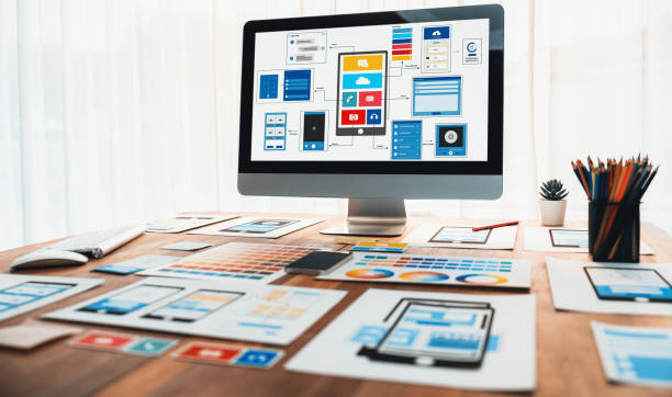 istock Digital wireframe design for web or mobile app UI on laptop. Scrutinize 2199022480