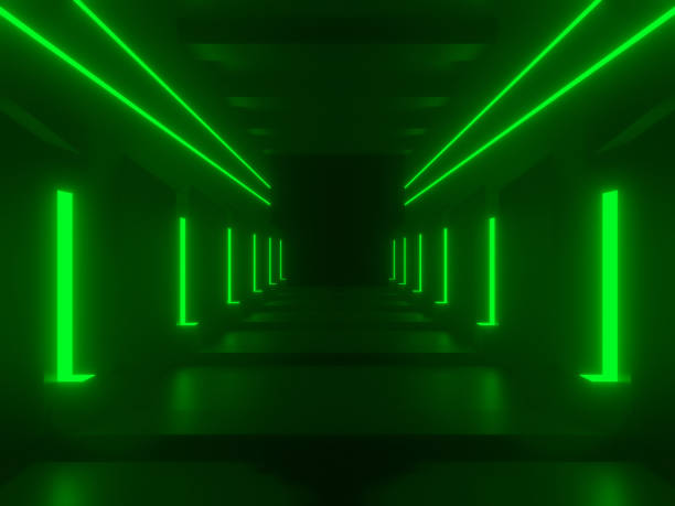 istock 3D Yellow neon tunnel. Black corridor with green neon lights 2199029723