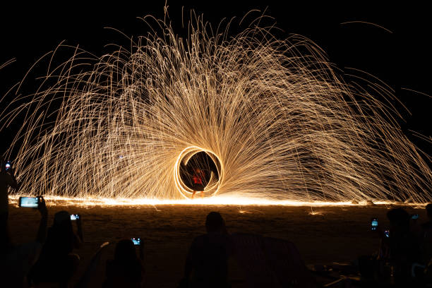 istock Swing fire dancing show, long exposure on the floor at the night time 2199032160