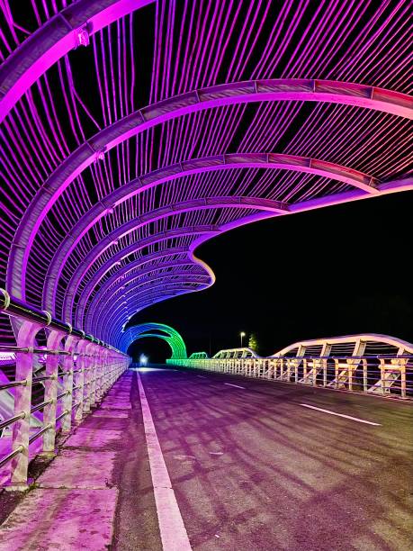 istock Futuristic Illuminated Tunnel with Vibrant Neon Lights on a Modern Bridge at Night Creating a Colorful and Abstract Perspective with Purple and Green Glowing Arches 2199033624