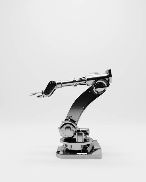 Robot arm manufacturing industry silver white gray robot technology equipment 3d illustration