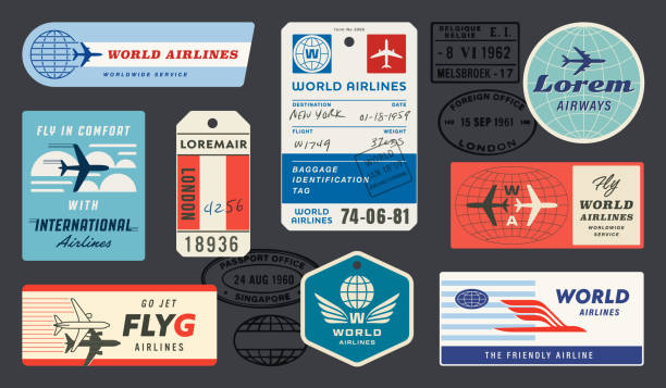 Vintage Travel Luggage Tags Labels and Passport Stamps Vintage travel luggage tags, labels and passport stamps. Made-up retro airline labels and tags. old luggage tag stock illustrations