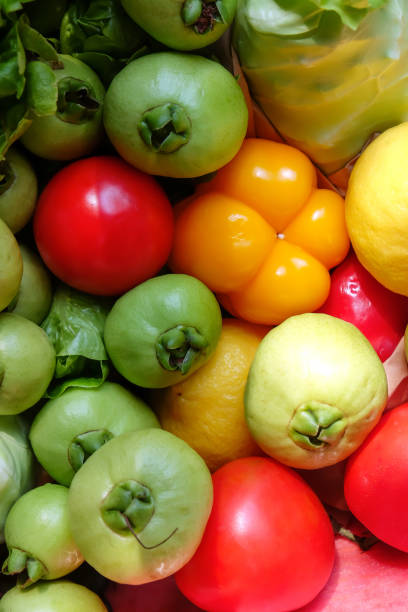 Colorful fresh vegetables and fruits as a background. Top view.