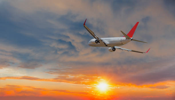 istock Airplane flying over tropical sea at sunset 2199042825