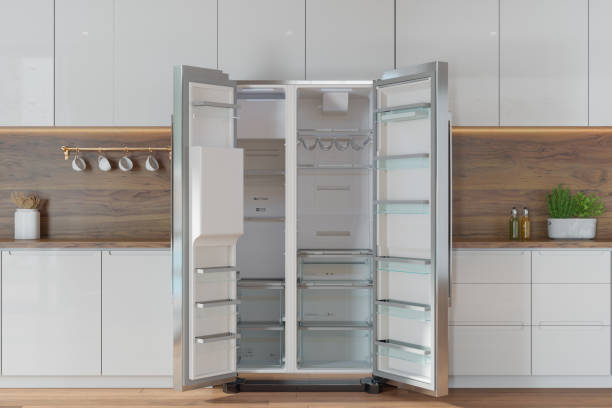 istock Modern Kitchen Interior With Front View Of White Cabinets And Open Refrigerator 2199050057