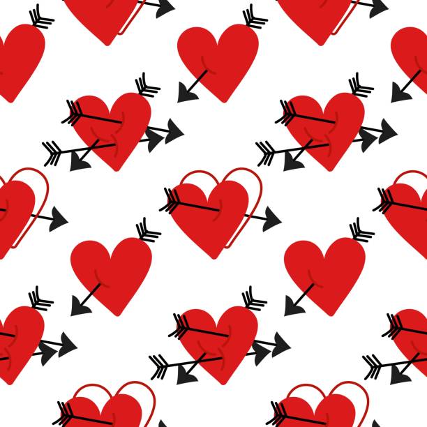 istock Pattern of Hearts that were pierced by an arrow. Astrakhan texture is made in red and black colors. Heart with a doodle-style arrow icon. Vector flat element with lots of arrows. Heart pierced 2199051729