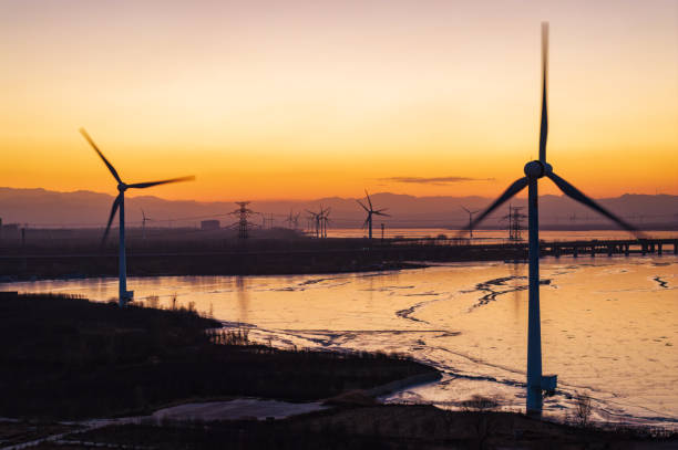 istock aerial view wind turbines at sunset. Beijng, china. 2199052000