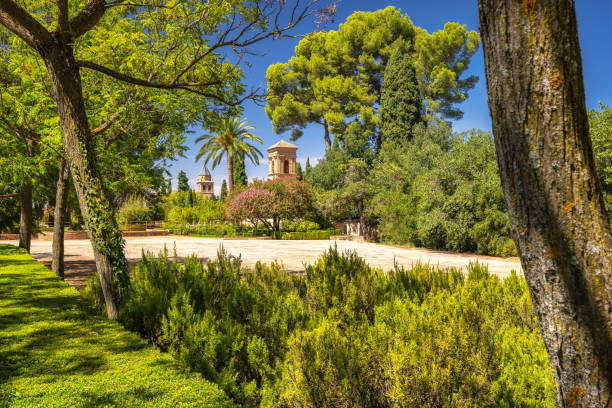 istock Alhambra complex in Granada town, Andalusia, Spain. Serene garden scene with ancient architecture peeking through lush greenery under a bright blue sky. 2199054029