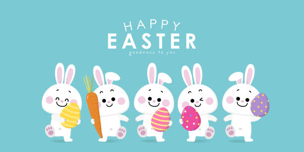 istock Happy Easter greeting card with cute yellow chick, colourful eggs, bunny and rabbit. Animal wildlife holiday cartoon character. -Vector. 2199054372