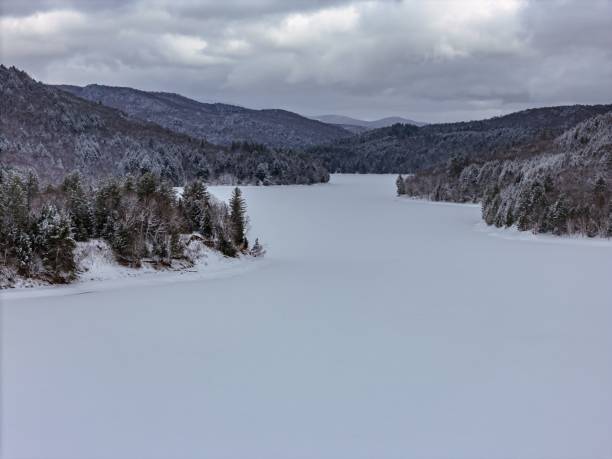 A serene winter landscape featuring a frozen reservoir and snow-covered trees.