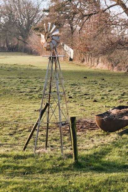 A weathered windmill stands in a grassy pasture, surrounded by trees and a rustic fence, capturing the charm of the countryside in natural daylight.
