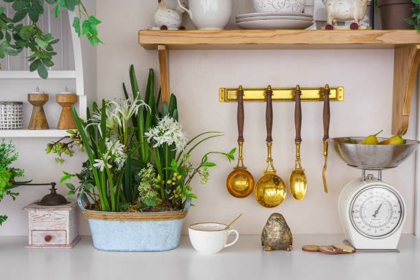 Stylish kitchen corner featuring plants, utensils, and vintage scales for cozy spring atmosphere. Green decorative plants, home decor for Easter holidays