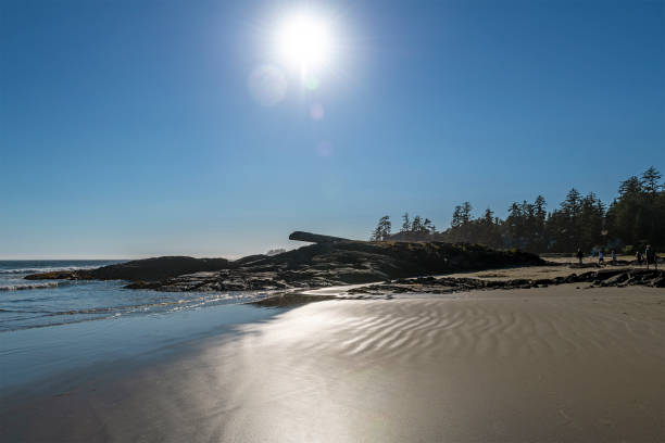 Chesterman beach with sun flare, Tofino, Vancouver Island, British Columbia, Canada.