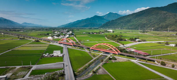 The Kecheng Iron Bridge spans a river, surrounded by vibrant rice fields and mountains, showcasing a beautiful Taiwanese landscape.