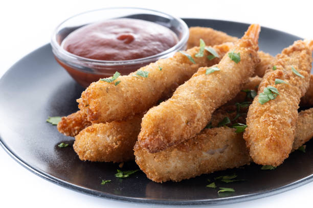 istock Breaded Torpedo shrimps isolated on white background 2199070395