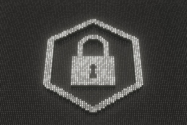 Grid of block of random binary numbers with some protruding to form a glowing pattern of a padlock in a hexagon. Illustration of the concept of cybersecurity, data encryption and firewall