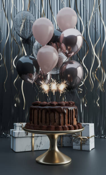 3d render of chocolate birthday cake, gift boxes and flying balloons on black background. Empty space for product show, birthday text, holiday congratulation, social media banners.